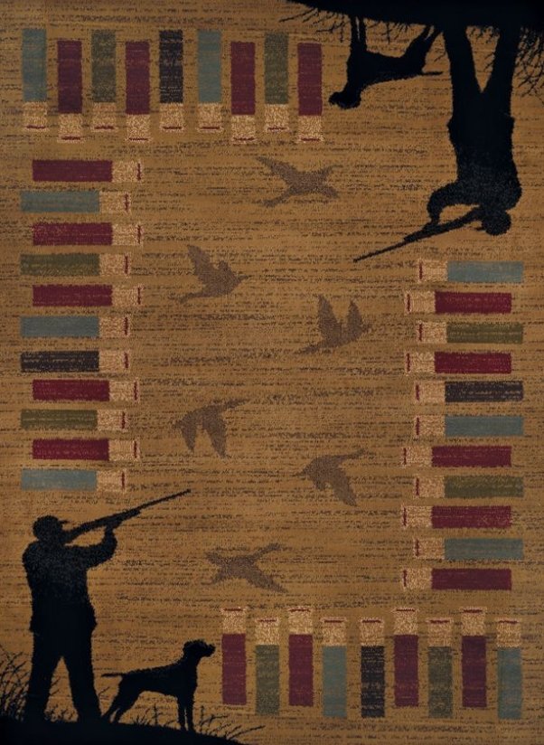 A hunting-themed carpet design featuring silhouettes of a hunter with a dog and a rifle, birds in flight, and a border with multicolored rectangular patterns.