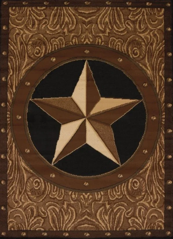 A decorative rug featuring a large five-pointed star in shades of brown and cream, with a black background and a wooden border with a swirling pattern.