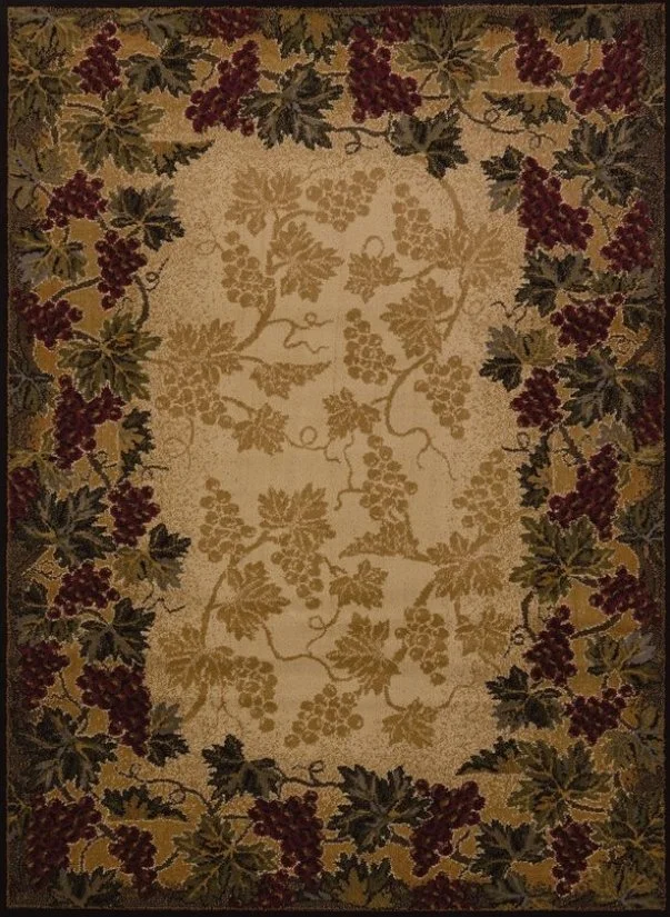 Rug with beige background, grapevine design in the center, and a border of grape leaves and bunches of grapes in dark green, red, and purple colors.