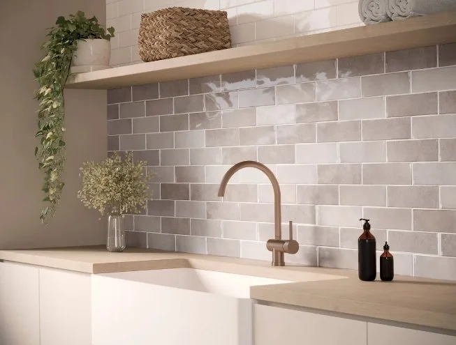 Bolick Dist. Armada Residential Porcelain Wall Tiles / Collection: HIGHLAND LAKE / Colors: Snow (Lighter Tile) & Grain (Darker Tile) / Size: 3" x 10" - (Available in more sizes!) / No link available to see enhanced view! 
