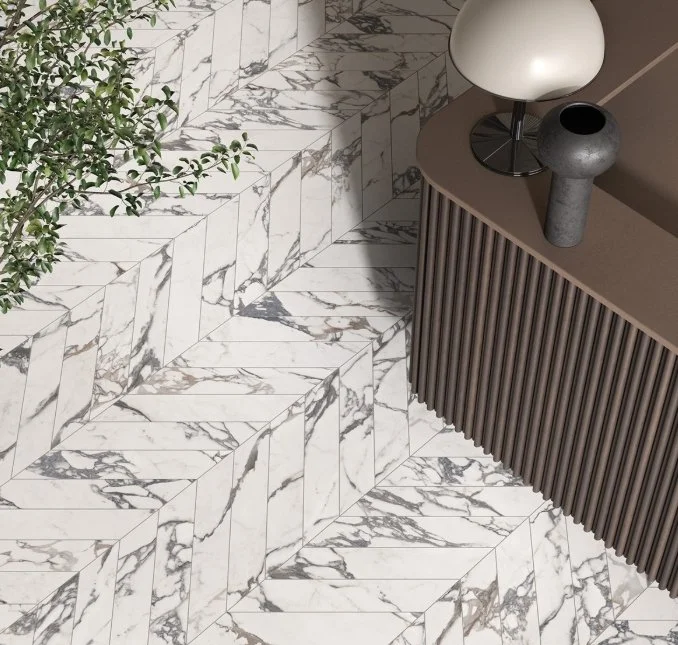 Viking Dist. Florida Tile Residential Porcelain Chevron Floor Tile / Collection: Indulge / Color: Arabescato - SKU: FTIIND3036x36 / Size: 4" x 21" - (Available in more sizes!) / Click on picture above to see enhanced view! 