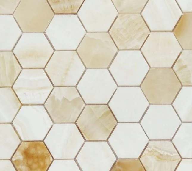 Elysium Residential Mosaic Tile (*ARM 32) / Collection: Hexagon / Color: Onyx Ivory Honed 2x2- SKU: M383 / Size: "11.75 x 12" - (Only size available!) / Click on picture above to see enhanced view!
