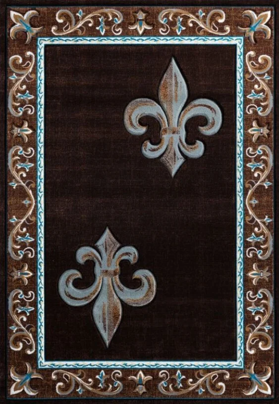 Decorative rug featuring two white fleur-de-lis symbols on a dark background, surrounded by ornate floral and scroll border in brown, white, and light blue.