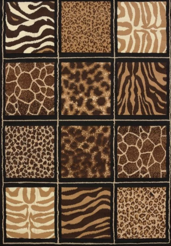 A 12-square rug with animal print patterns, featuring leopard, zebra, and giraffe designs in shades of brown, beige, and tan, separated by black borders.