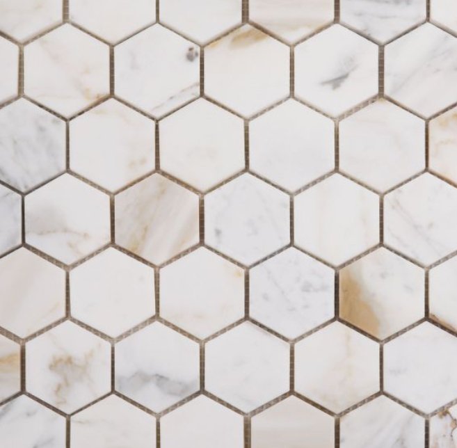 Elysium Residential Mosaic Tile (*ARM 8) / Collection: Hexagon / Color: Calacatta Gold Polished 2x2 - SKU: MO1047 / SKU: M829 (For 2x2 Calacatta Gold Honed) / Size: 11.75" x 12" - (Only 1 other style available - (2x2 Calacatta Gold Honed 2x2 -Size: 1