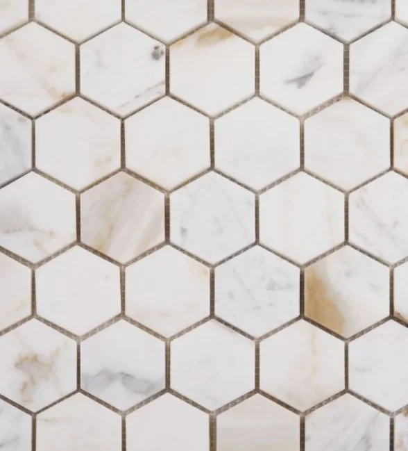 Elysium Residential Mosaic Tile (*ARM 8) / Collection: Hexagon / Color: Calacatta Gold Polished 2x2 - SKU: MO1047 / SKU: M829 (For 2x2 Calacatta Gold Honed) / Size: 11.75" x 12" - (Only 1 other style available - (2x2 Calacatta Gold Honed 2x2 -Size: 1