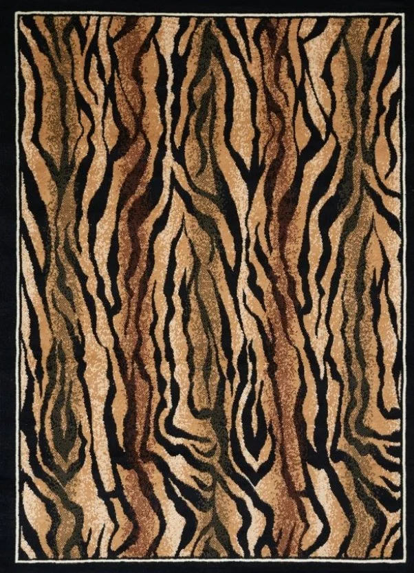 A tiger print area rug with black, brown, tan, and beige stripes mimicking tiger fur.