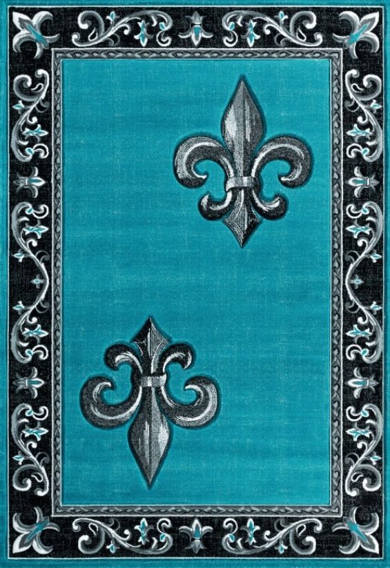 A blue playing card with black and white fleur-de-lis symbols and ornate border design.