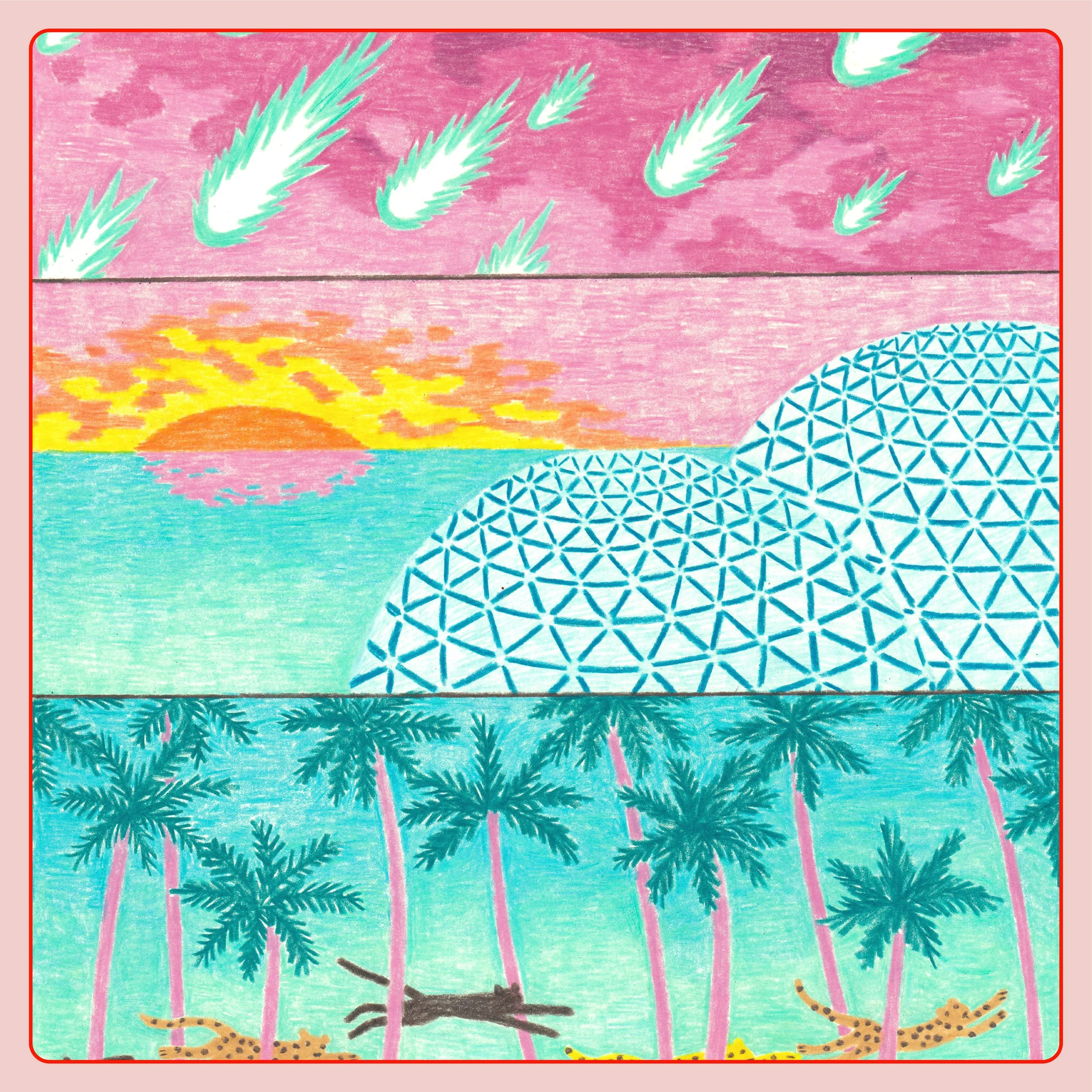 Ilustración colorida que muestra un atardecer en un paisaje tropical, con palmeras, jaguares, un territorio futurista y meteoros en el cielo