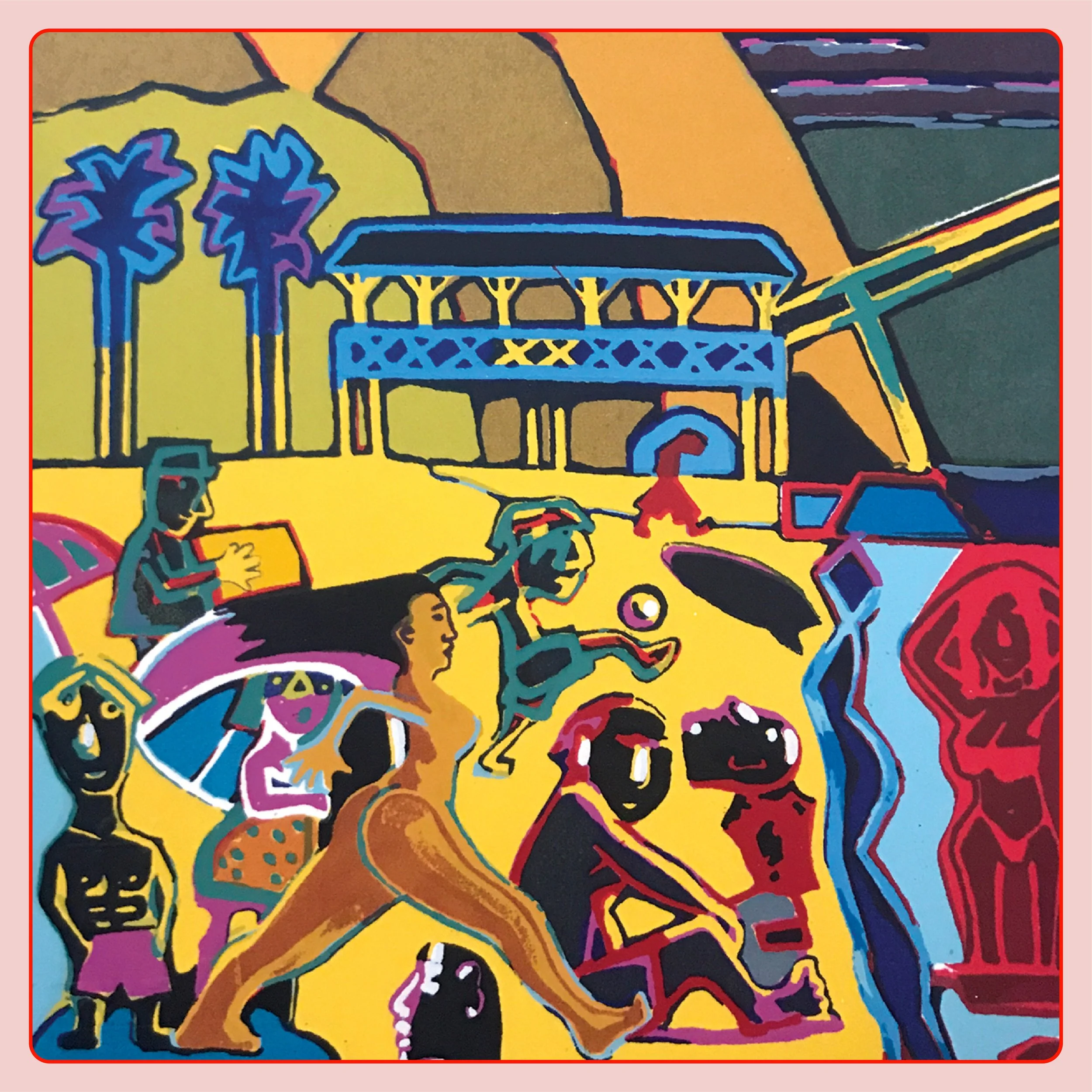 Dibujo colorido de personas en la playa con palmeras, toallas y una estructura de sombra, en estilo artístico con líneas negras y colores brillantes.