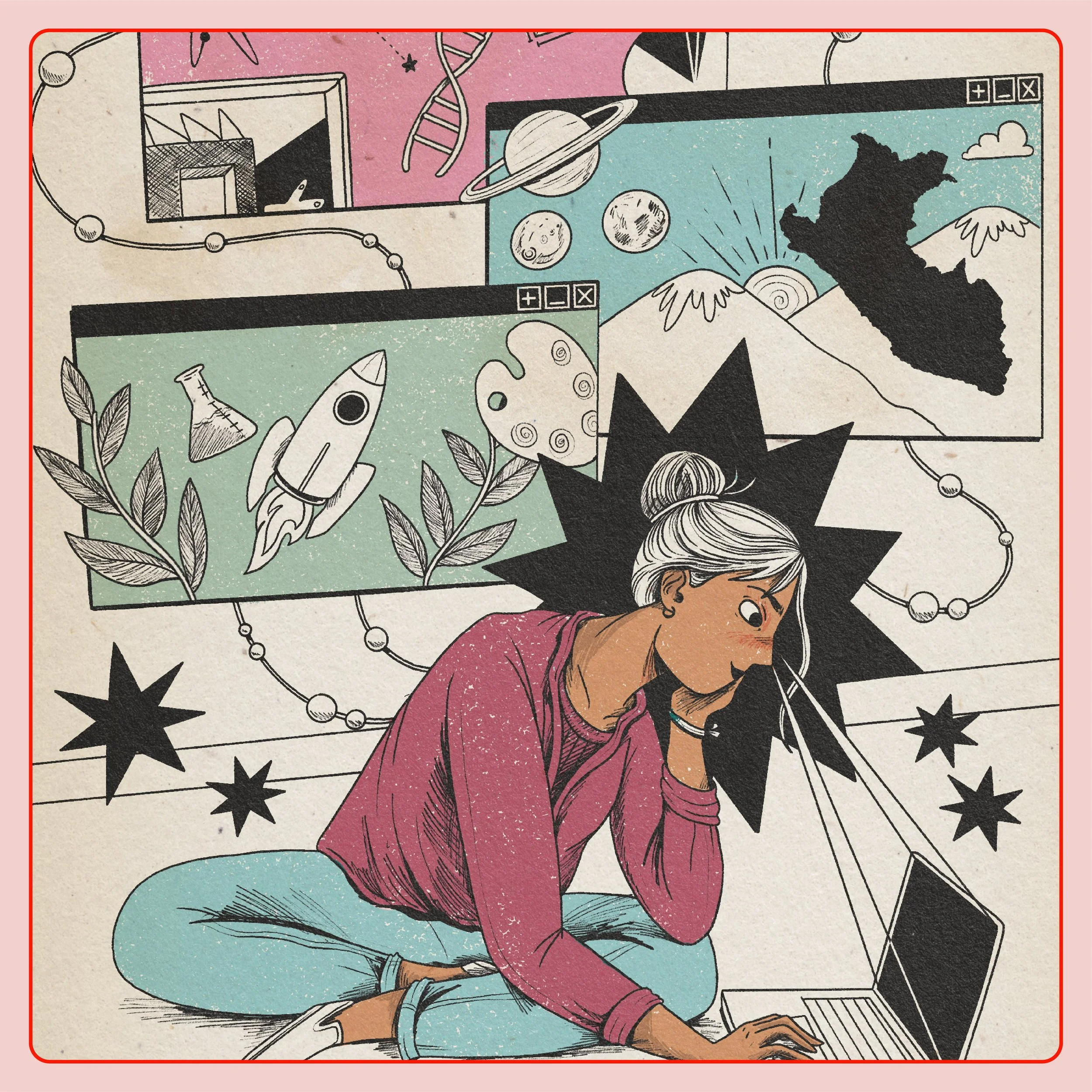 Ilustración de una mujer joven con cabello gris, sentada en el suelo, usando una laptop. Alrededor, hay recuadros con imágenes de ciencia, tecnología, astronomía, y exploración espacial, como cohetes, planetas, ADN, y mapas. El fondo tiene un diseño 