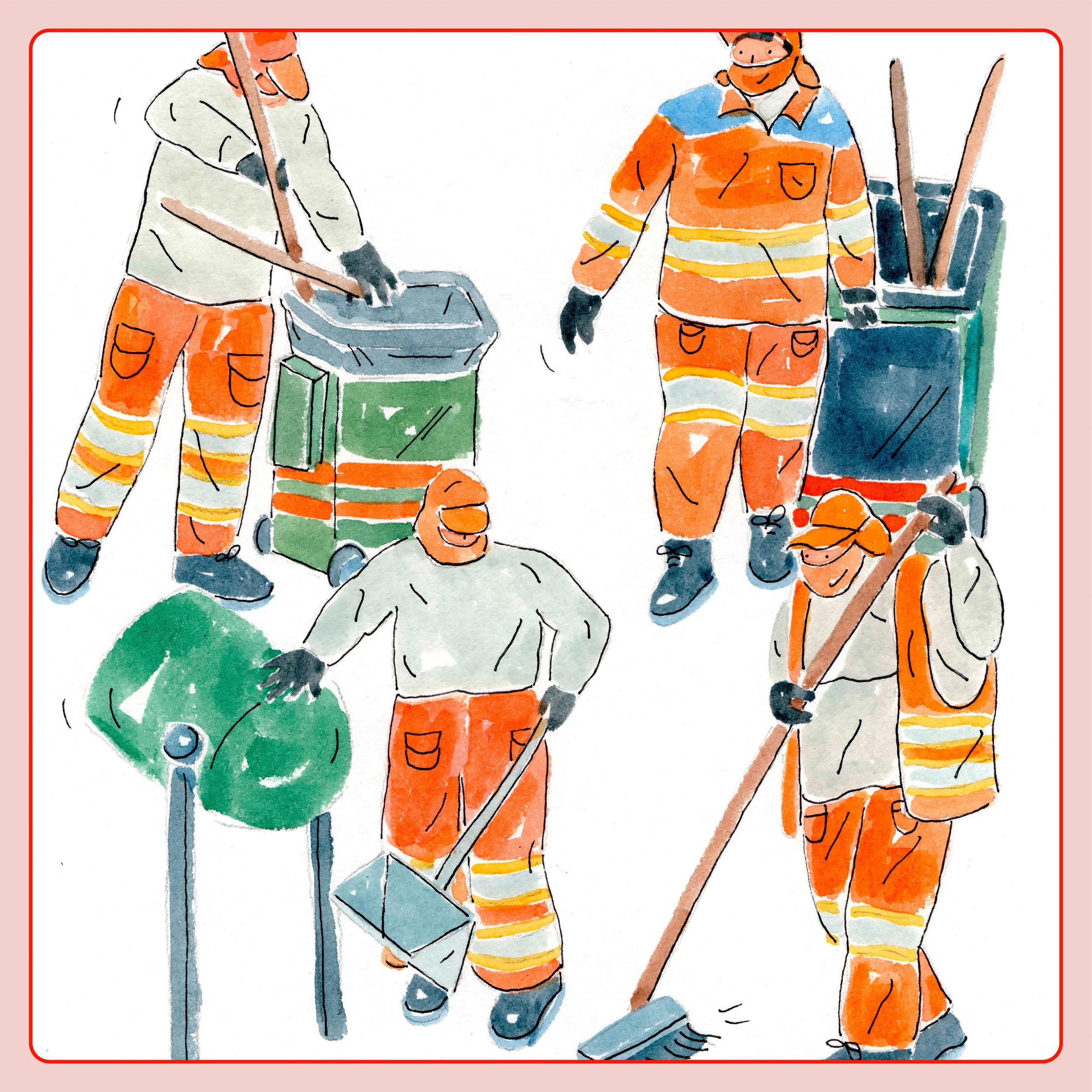 Ilustración de cinco trabajadores de limpieza con ropa y equipo de protección naranja y gris, realizando tareas de limpieza urbana en la calle.