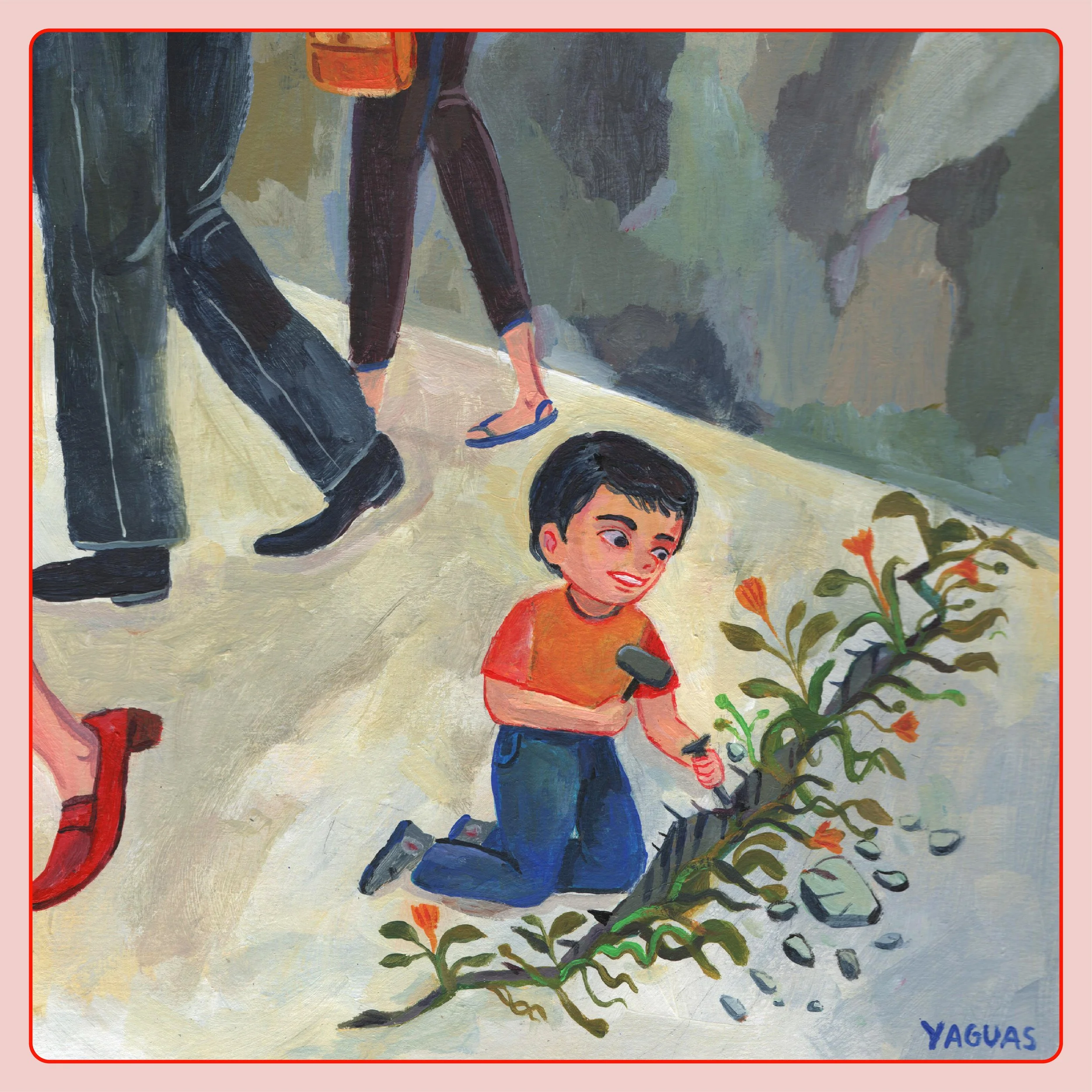 Niño sentado en el suelo a la orilla de un río, con una pequeña pala, sonriendo y jugando con plantas y piedras cercanas.