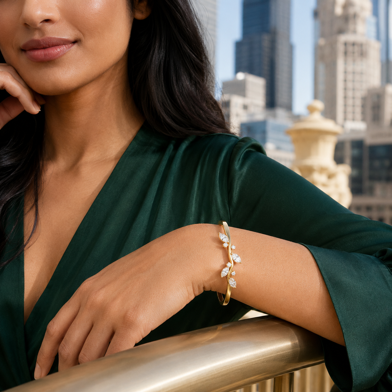 Yellow Gold Marquise Leaf Vine Bangle Lifestyle.png