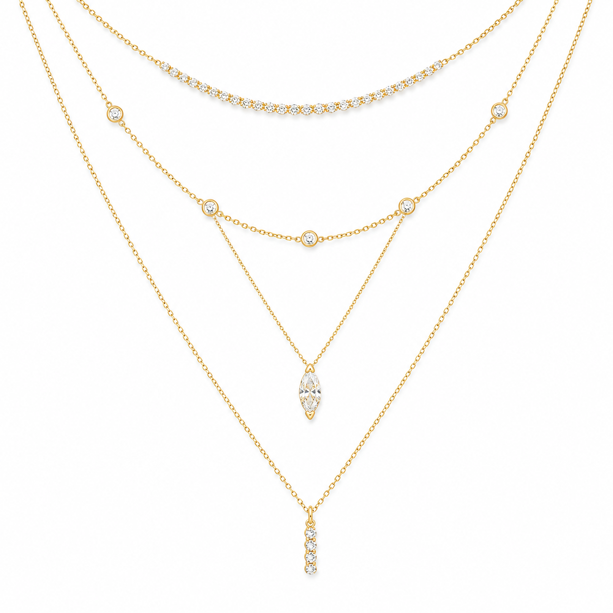 Yellow Gold Multi Layered Pendant Necklace