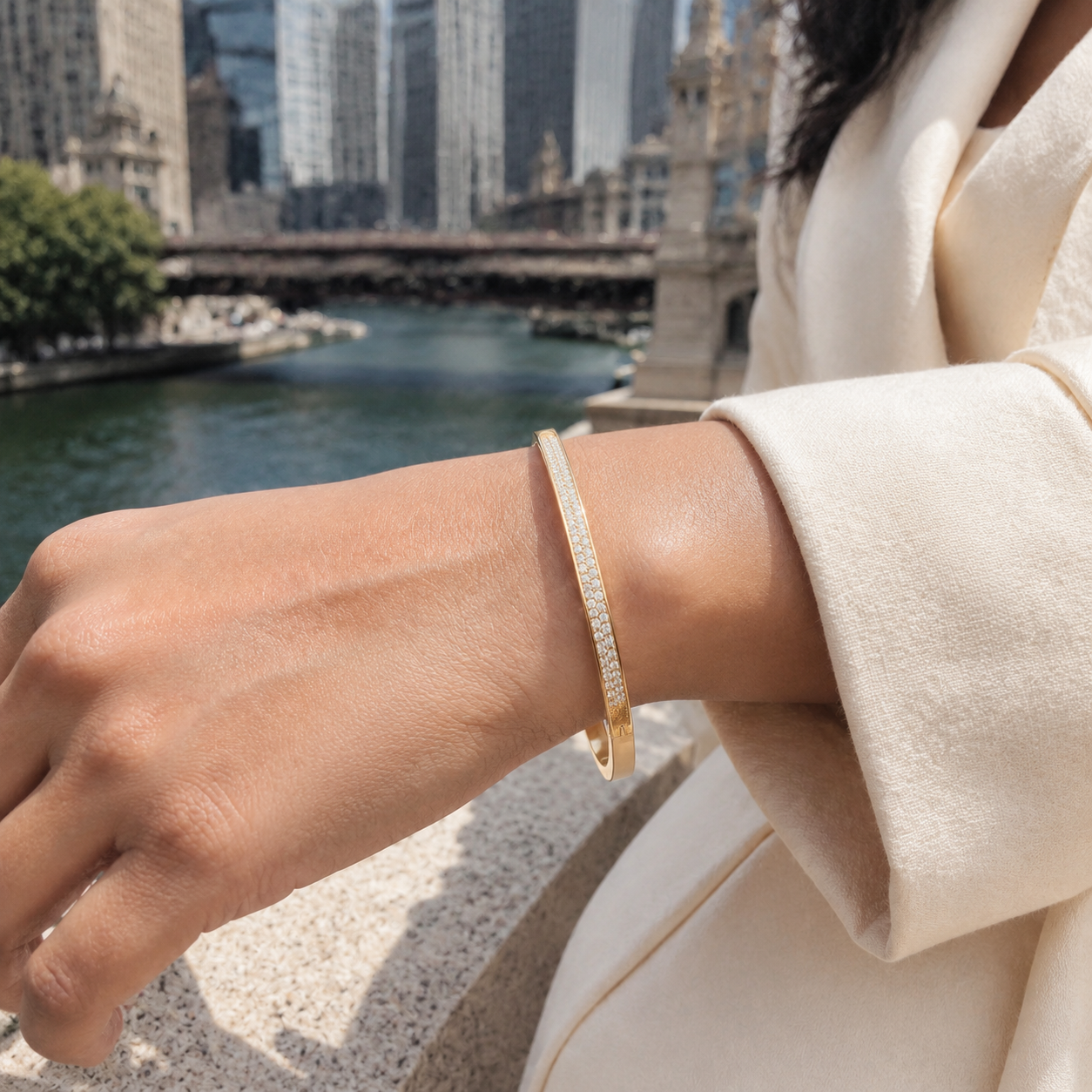 Yellow Gold Half Pave Hinged Bangle Lifestyle.png