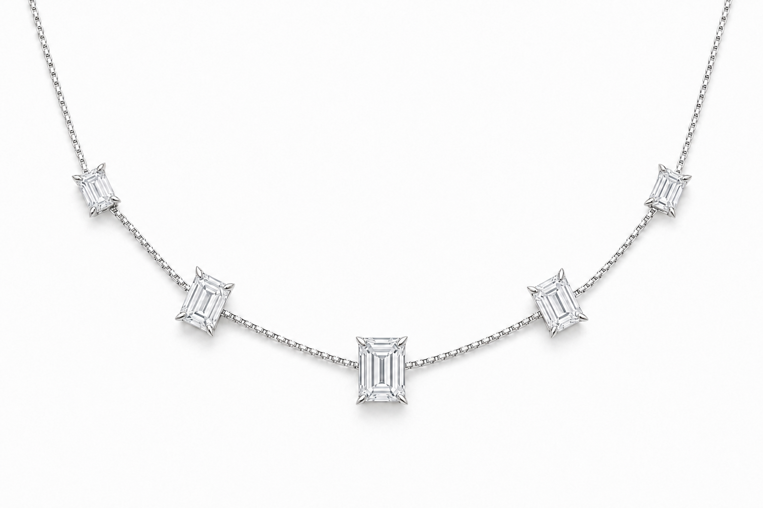 White Gold Emerald Cut Graduated Station Necklace
