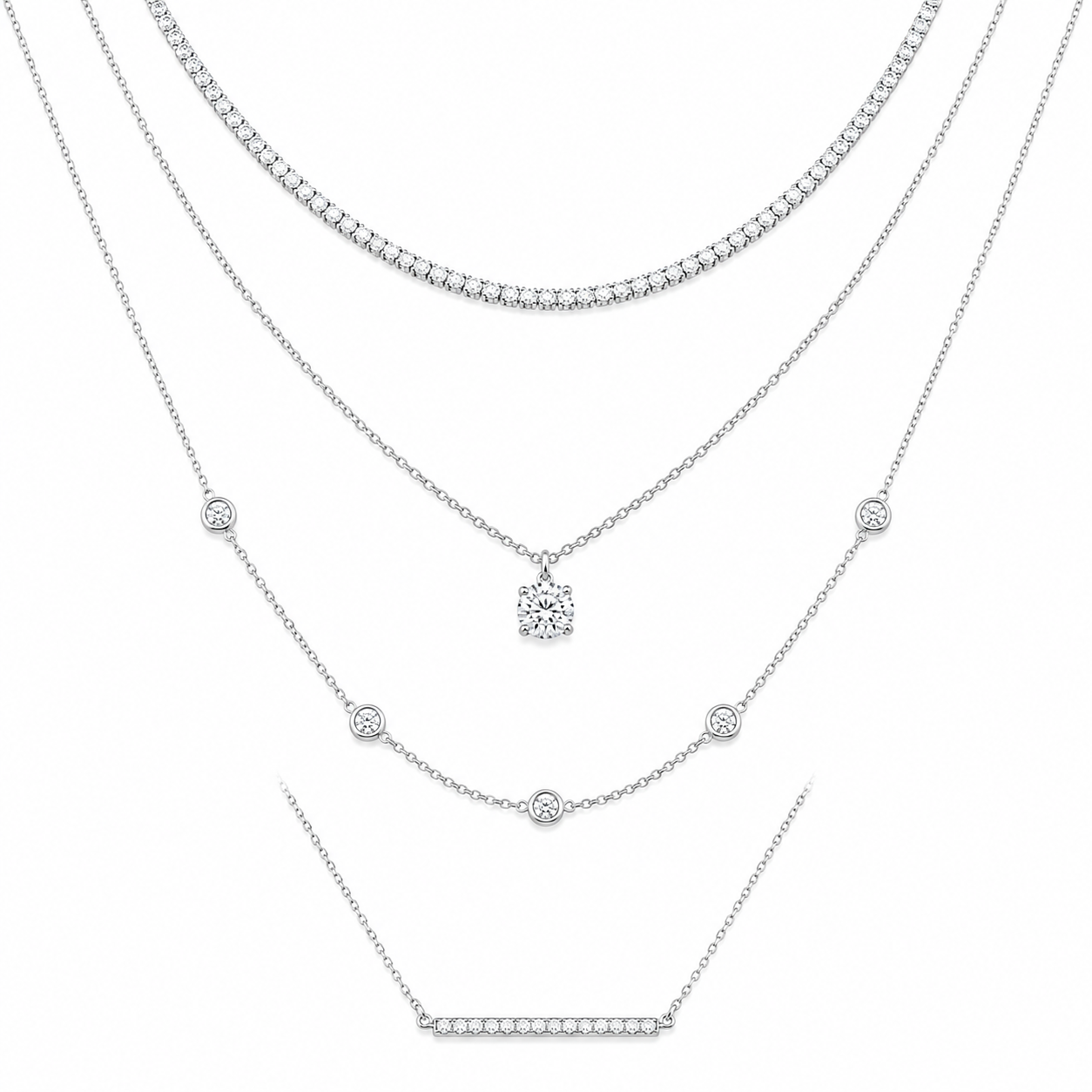 White Gold Multi Layered Pendant Necklace