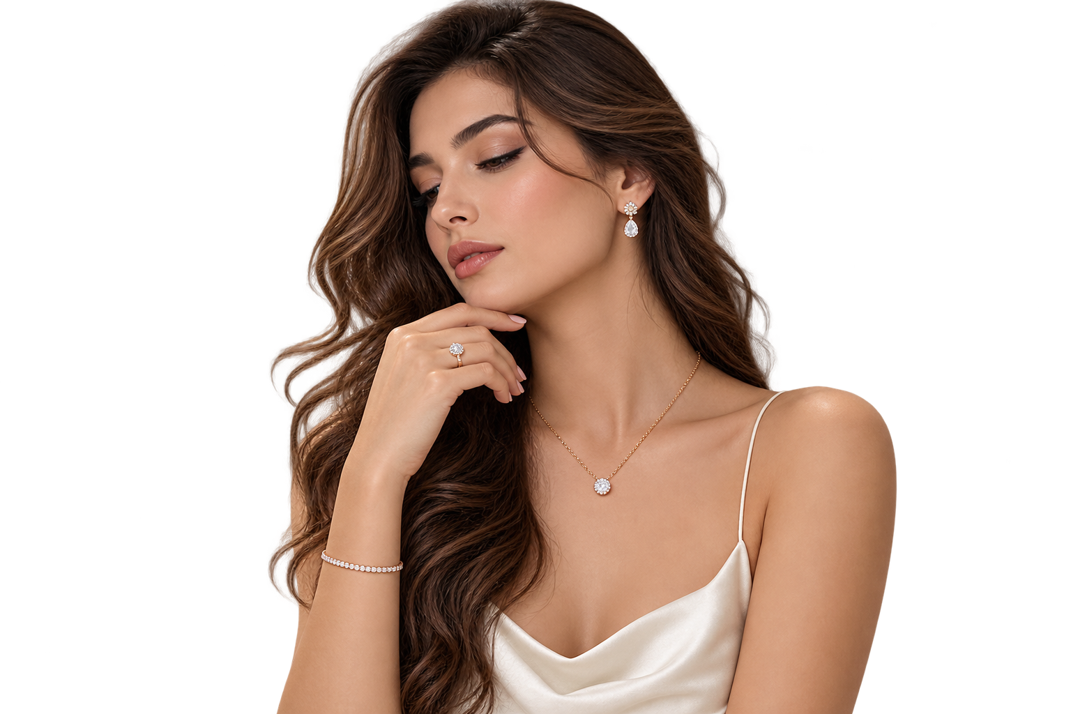 A woman with long, wavy brown hair wearing jewelry, including earrings, a necklace, a bracelet, and a ring, with a calm expression and her hand near her chin.