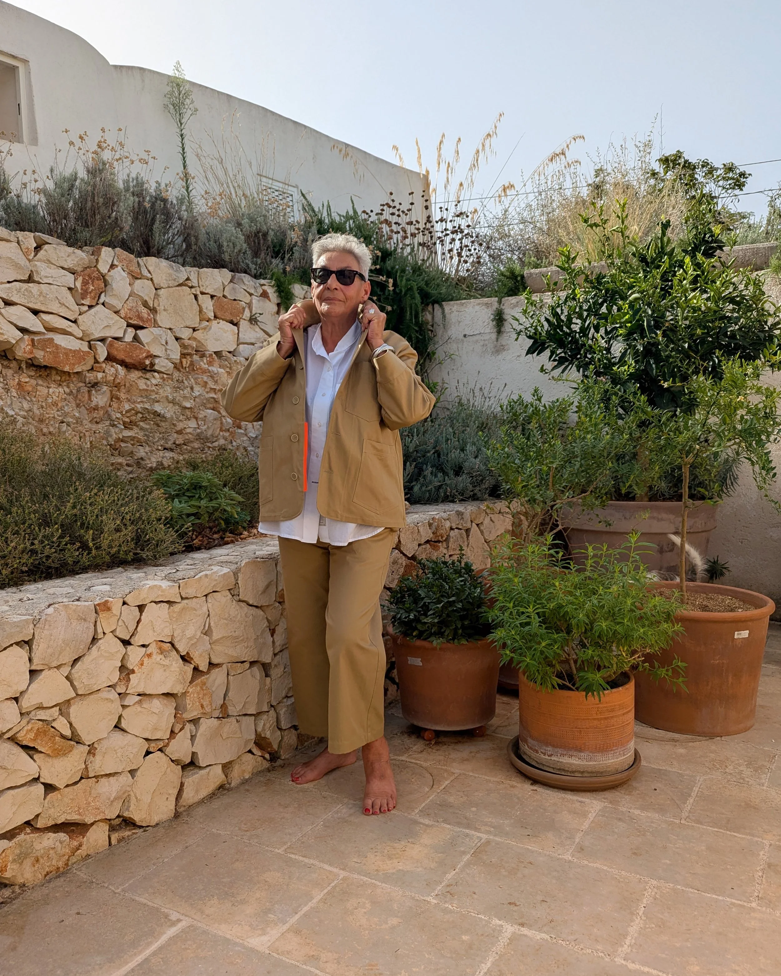 Maria Pia in camel twill Amalfi pantsuit