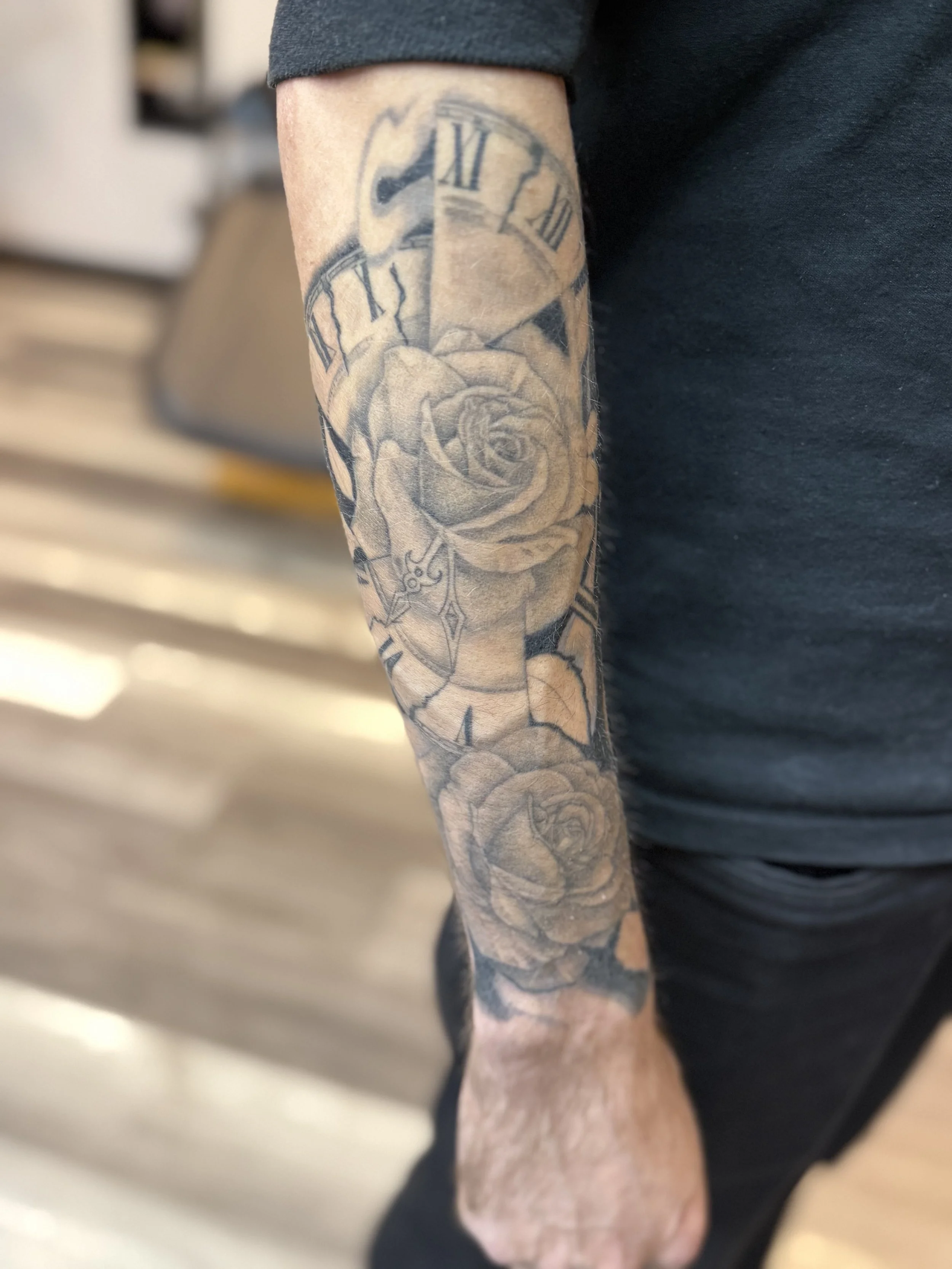 Healed rose broken clock tattoo