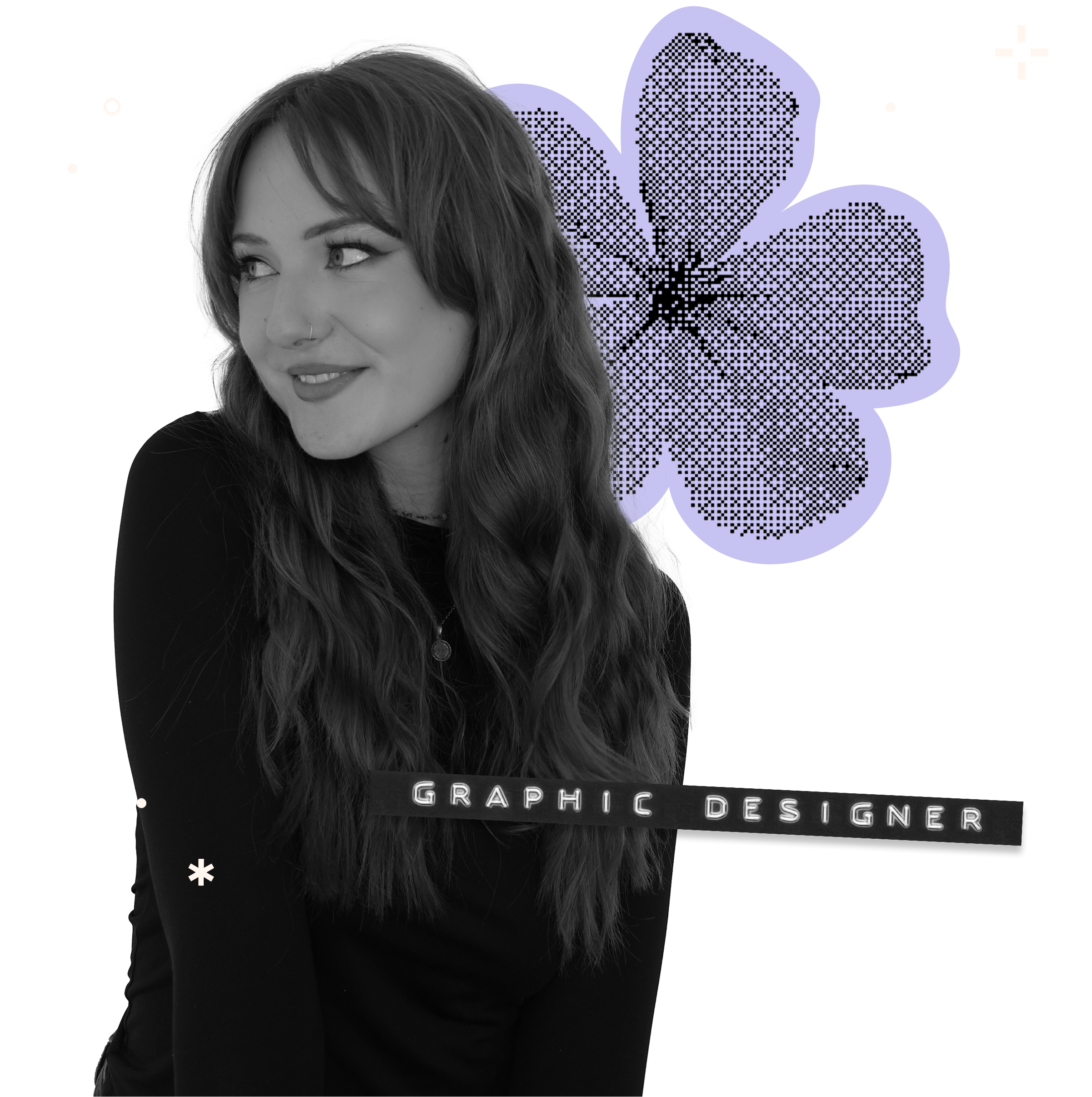 A woman with long wavy hair and a nose piercing, smiling, wearing a black top, with a purple flower graphic and the words 'GRAPHIC DESIGNER' overlayed.