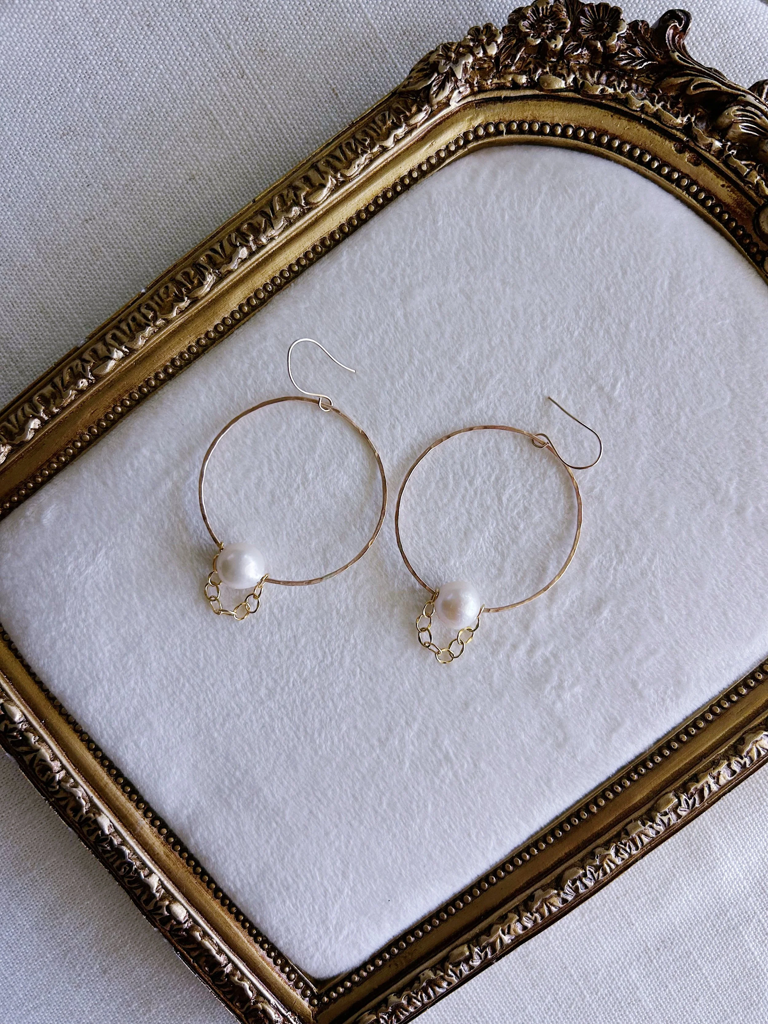 Chained White Freshwater Pearl Hoops