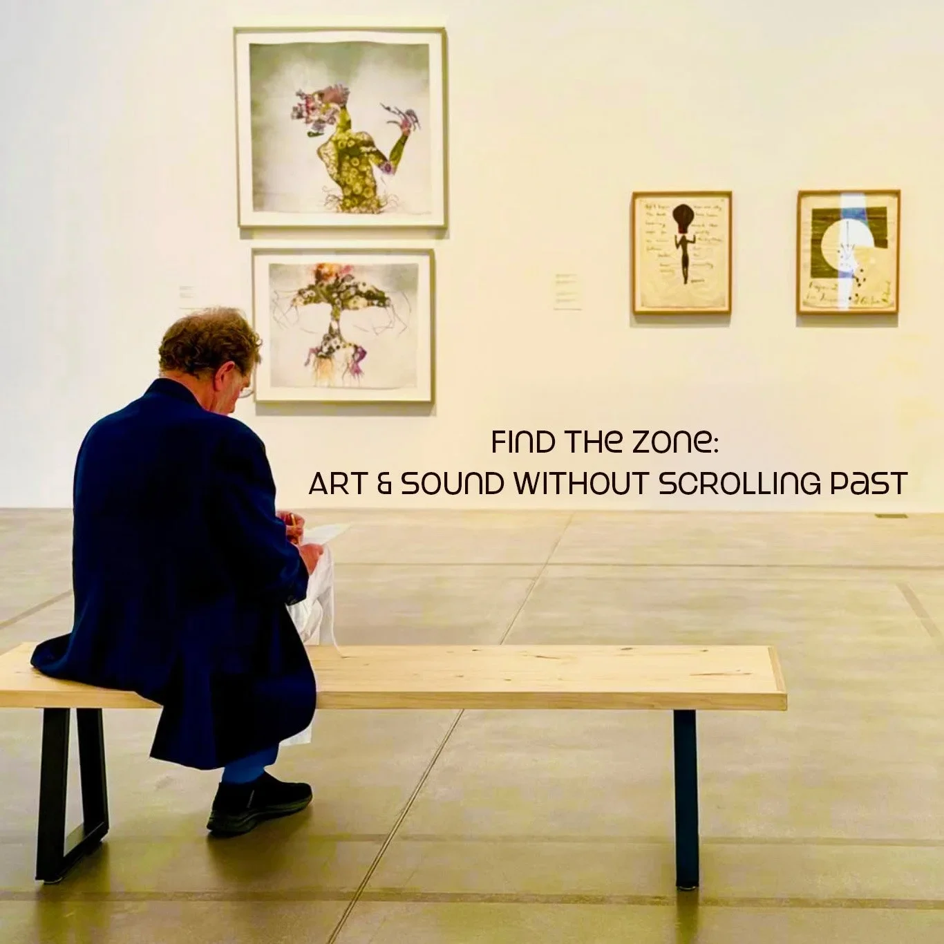 Poster image for “Find the Zone” workshop featuring text and abstract artwork by Hank Hehmsoth, promoting a focus on art and sound without distraction.