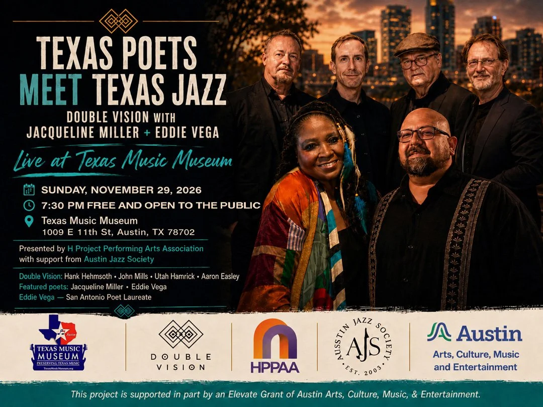 Texas Poets Meet Texas Jazz poster featuring Double Vision Jazz Ensemble with poets Jacqueline Miller and Eddie Vega, November 29, 2026, at Texas Music Museum in Austin.