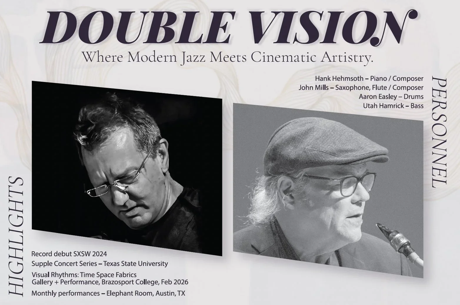 Double Vision Jazz Ensemble featuring Hank Hehmsoth piano and John Mills saxophone contemporary jazz quartet promotional poster