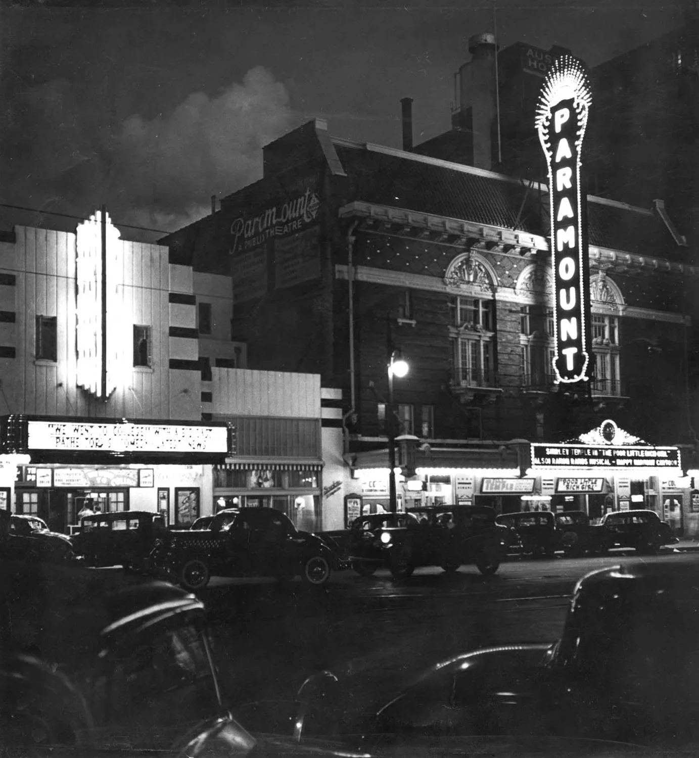 Historic Paramount Theatre in Austin Texas at night, formerly the Majestic Theatre where Carl Hehmsoth Sr conducted silent film and vaudeville orchestras