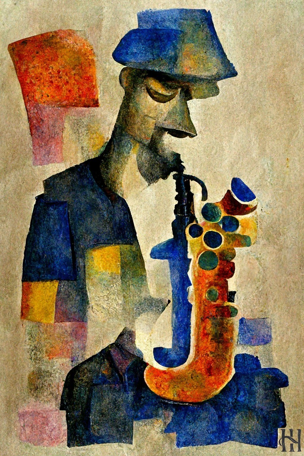 J is for Jazz
John Mills emerges in a sea of watercolor swatches,
where the 'J' of his name, jazz, and saxophone
meld seamlessly into a unified shape.