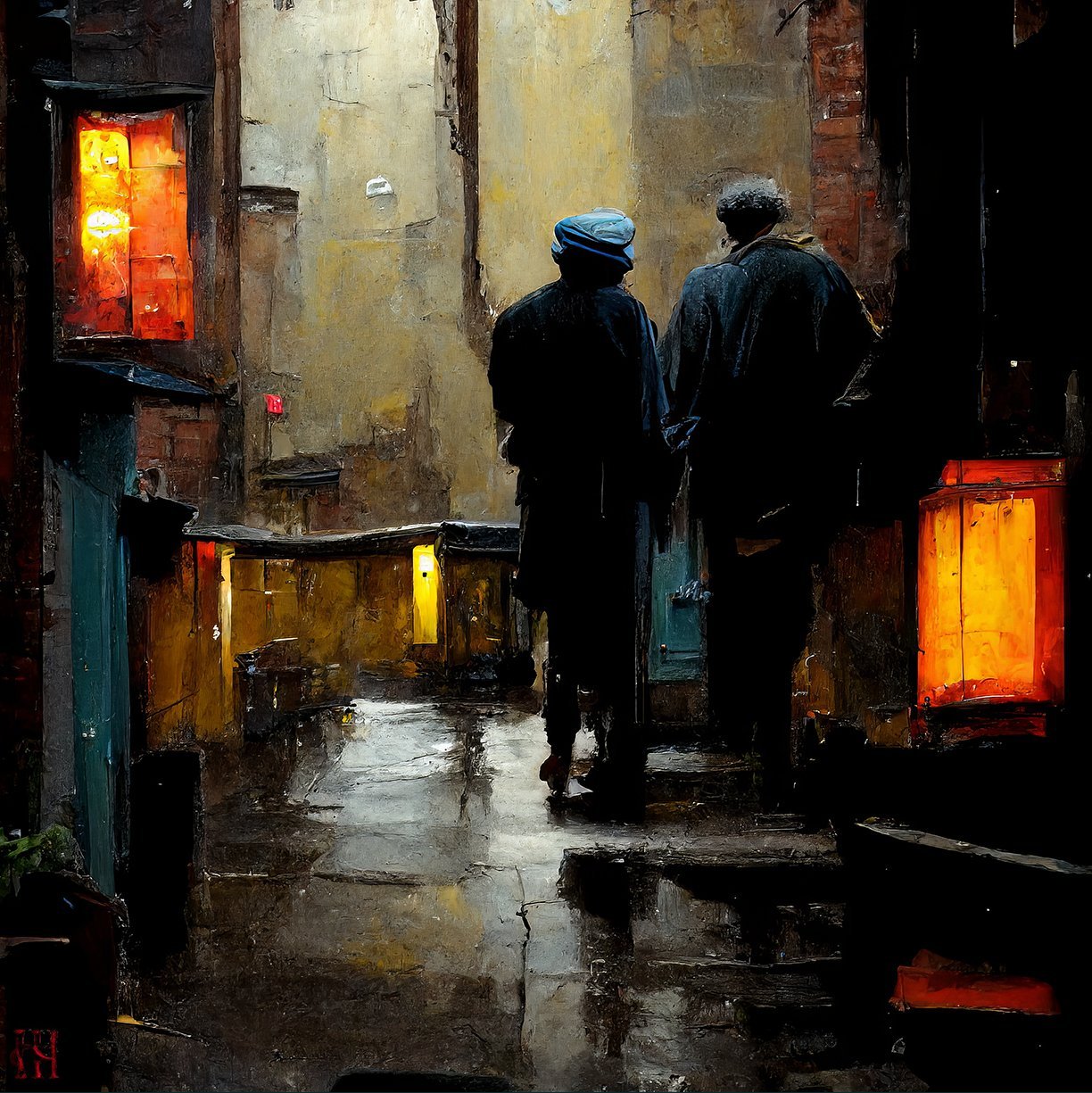 Between Sets: Double Vision
John Mills and Hank Hehmsoth, captured in a moment of reflection,
walking through a rainy alley between sets
—a striking balance of mood and artistry