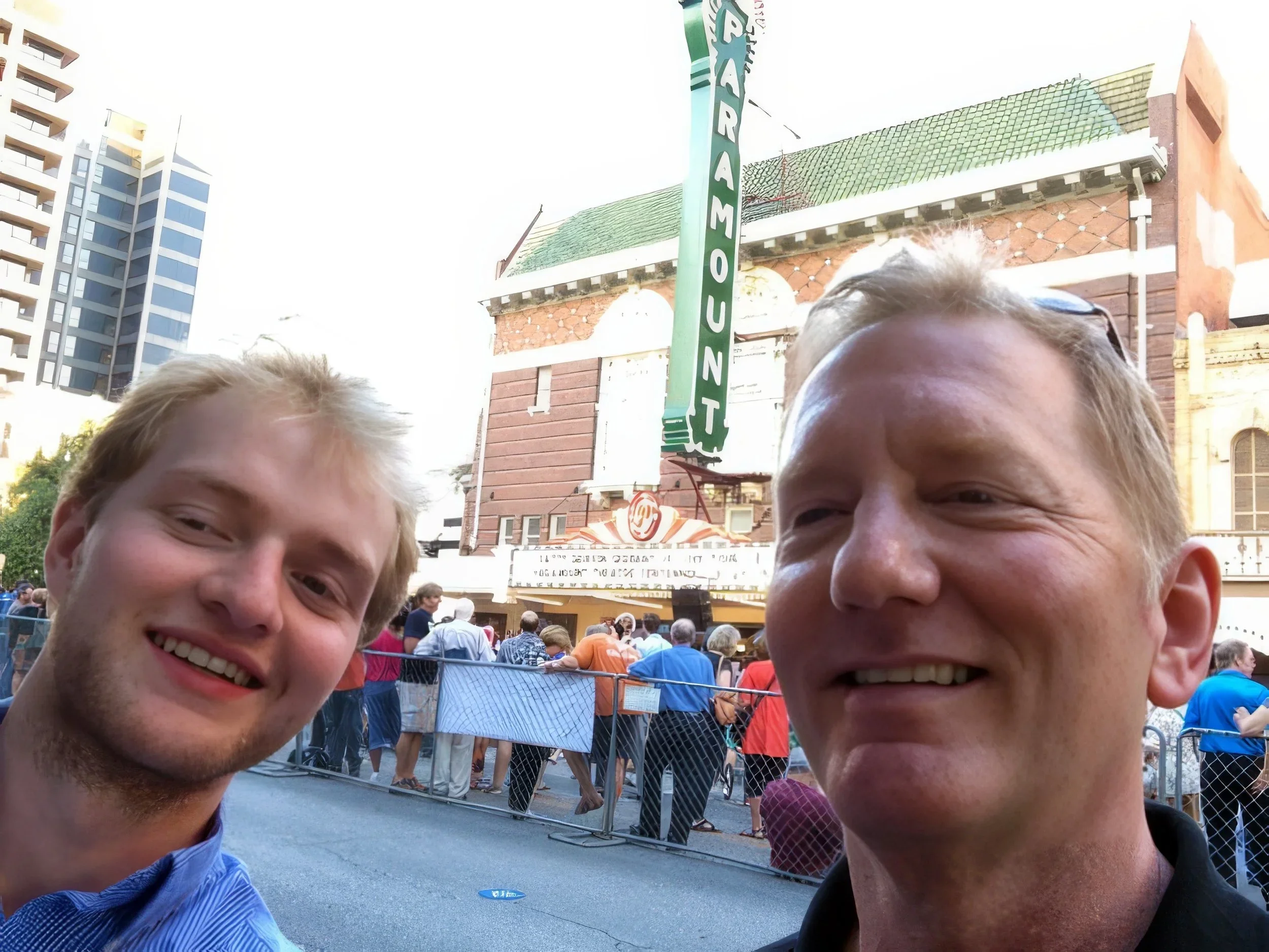 Hank Hehmsoth and Milo Hehmsoth outside the Paramount Theatre in Austin Texas during the Paramount Theatre centennial celebration