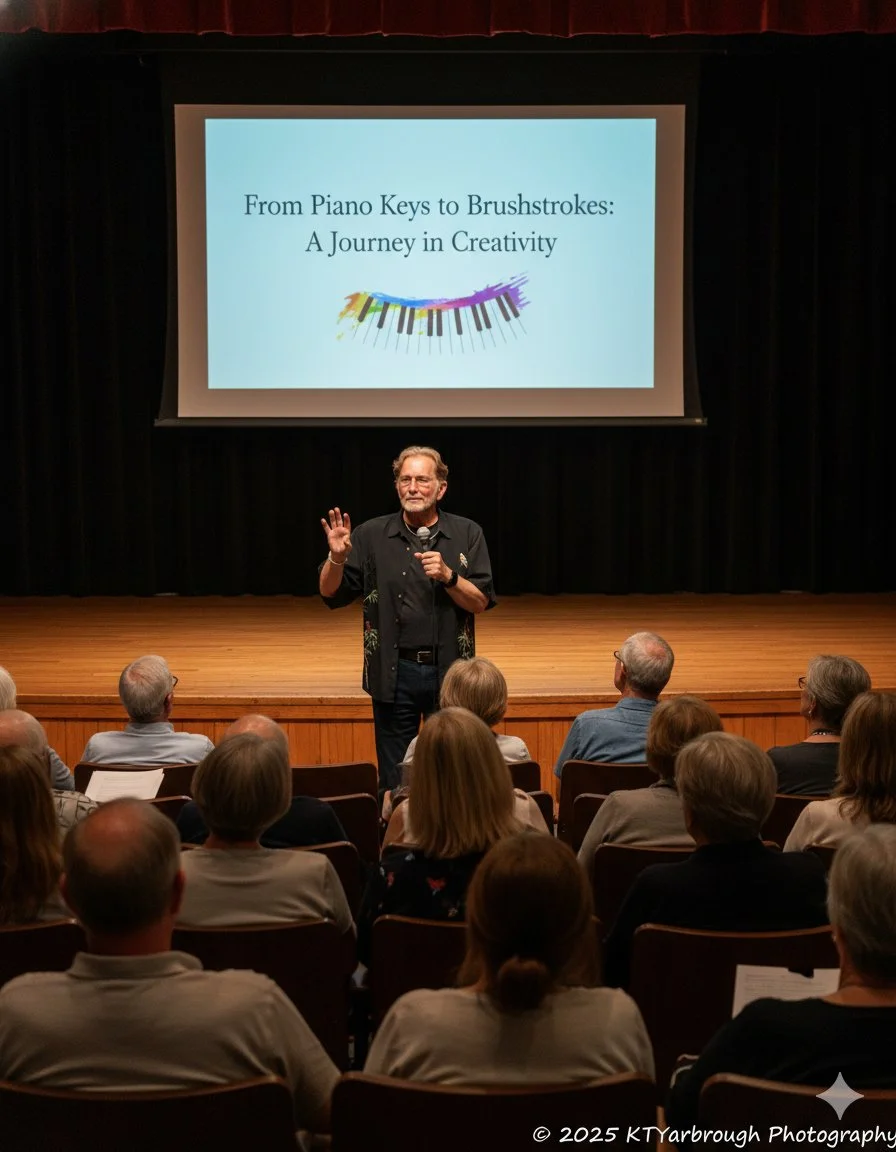 Composer, pianist, and visual artist Hank Hehmsoth presenting a lecture on creativity titled "From Piano Keys to Brushstrokes."
