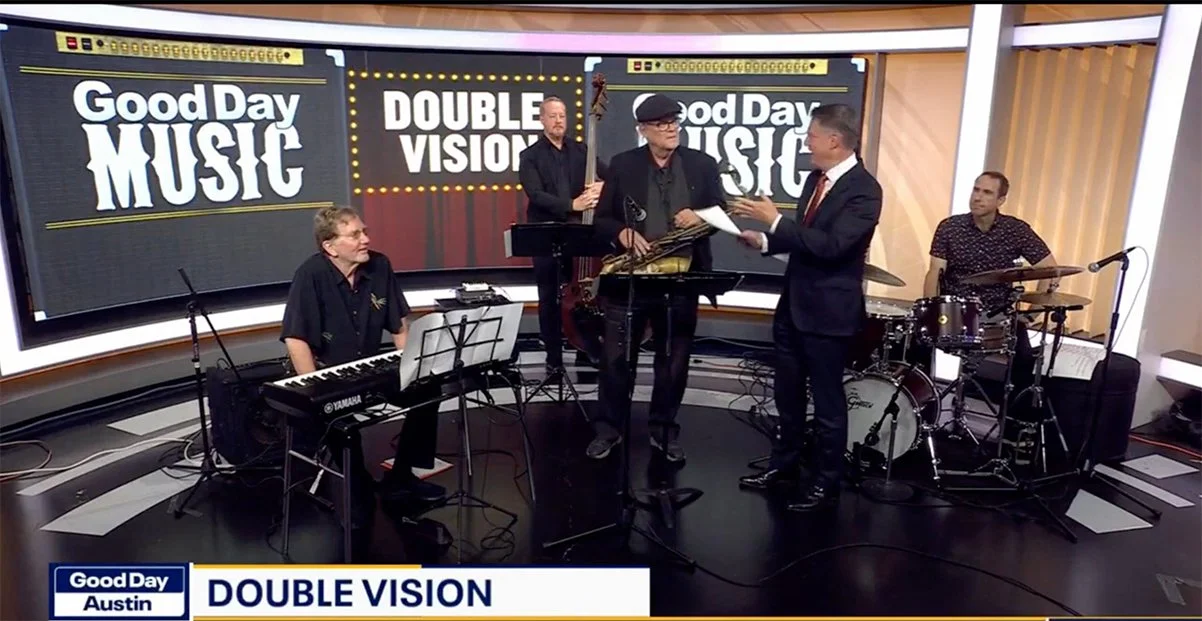 Double Vision jazz band performing live on Fox 7’s Good Day Austin, debuting the new tune “Road Trip” by pianist Hank Hehmsoth.