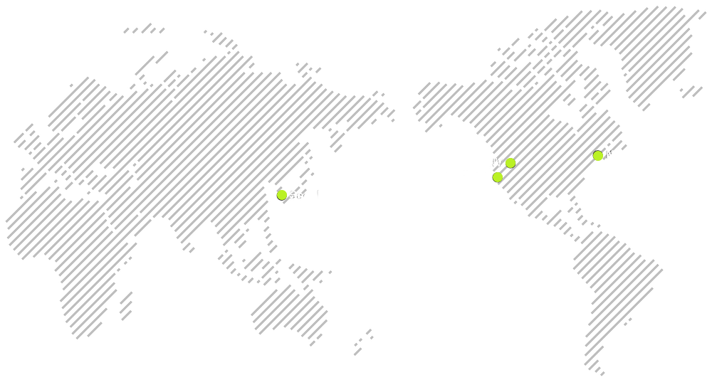 World map showing MEGA Exhibit locations of Seoul, South Korea; Santa Fe Springs, California; Las Vegas, Nevada; and New York, New York, marked with green dots.