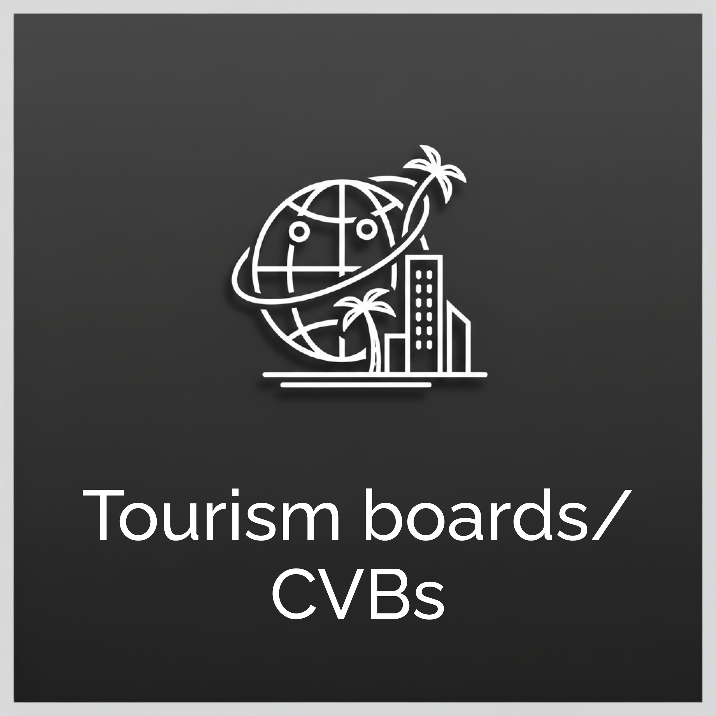 Icon of a globe with a ring around it, palm trees, and modern buildings, representing Tourism boards and CVBs.