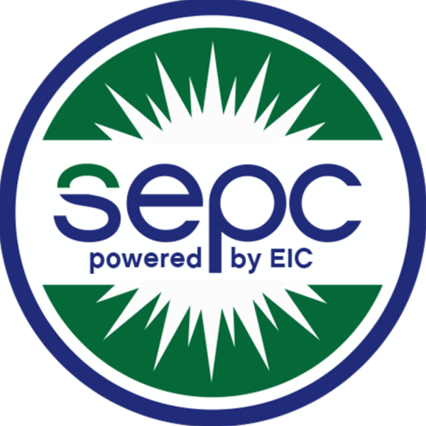 A green badge showcasing MEGA Exhibit's affiliation and standards with the SEPC, powered by EIC