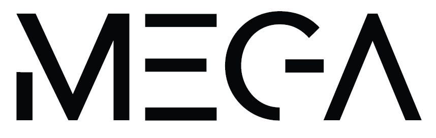 MEGA Exhibit's wordmark, showcased by bold black text spelling 'MEGA' with stylized letter 'E' and 'A'.