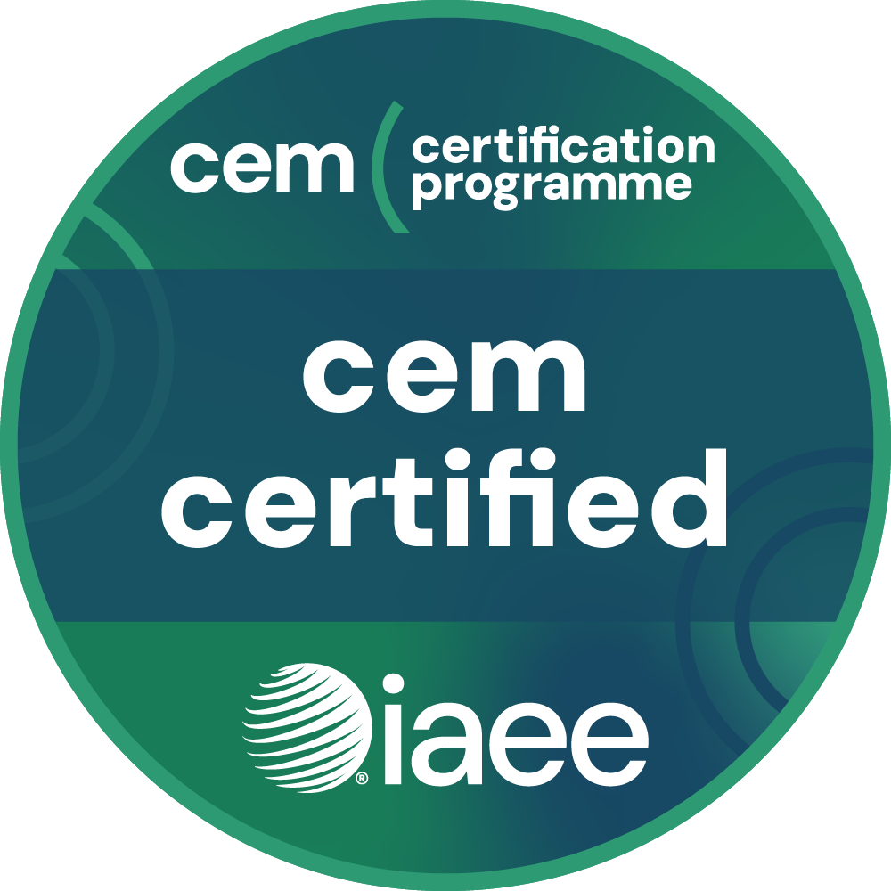 CEM Certified badge with logos for CEM certification program and IAEE.