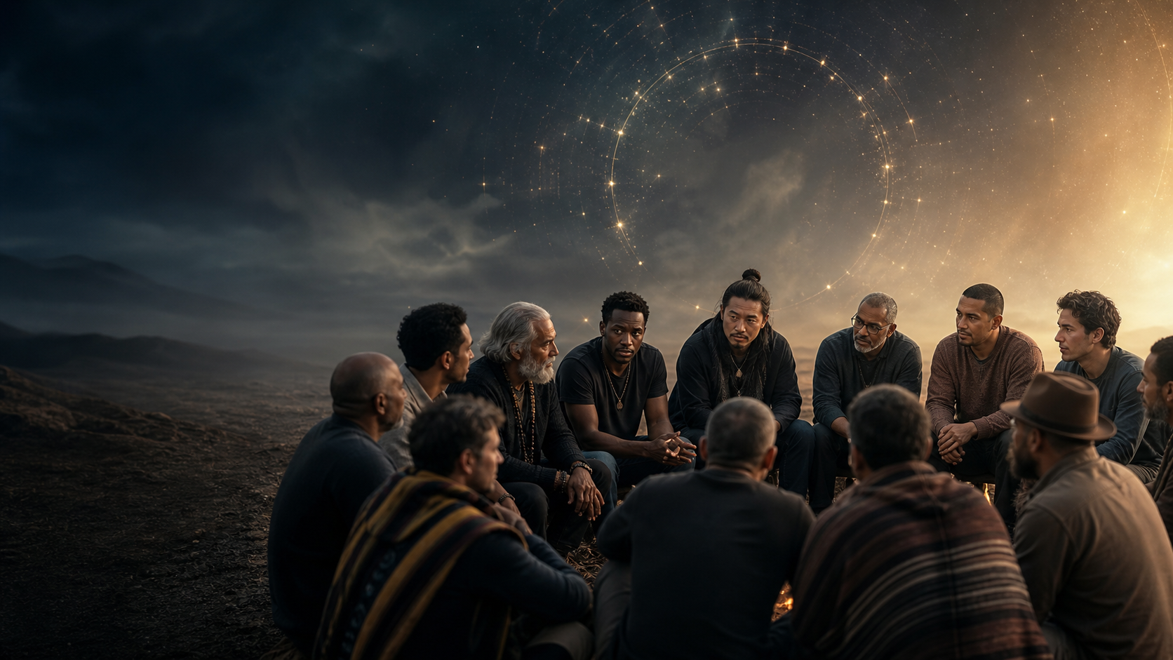 A diverse, intergenerational circle of men reflecting together beneath subtle celestial light