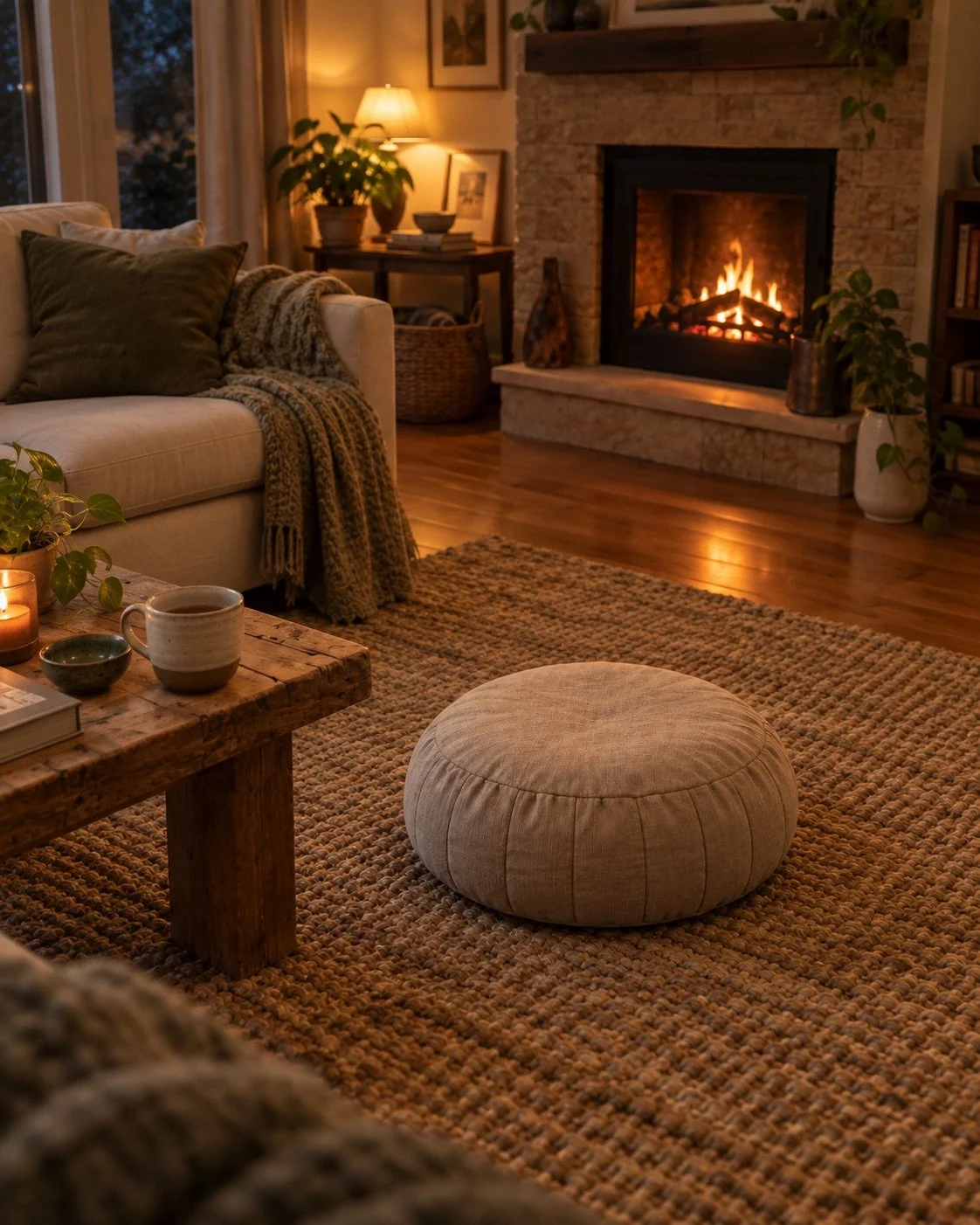 A linen meditation cushion beside a wood table with tea, with a softly glowing fireplace in a cozy evening room.