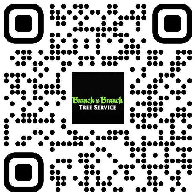 QR code with a logo in the center reading "Branch to Branch Tree Service" in green and white text on a black background.