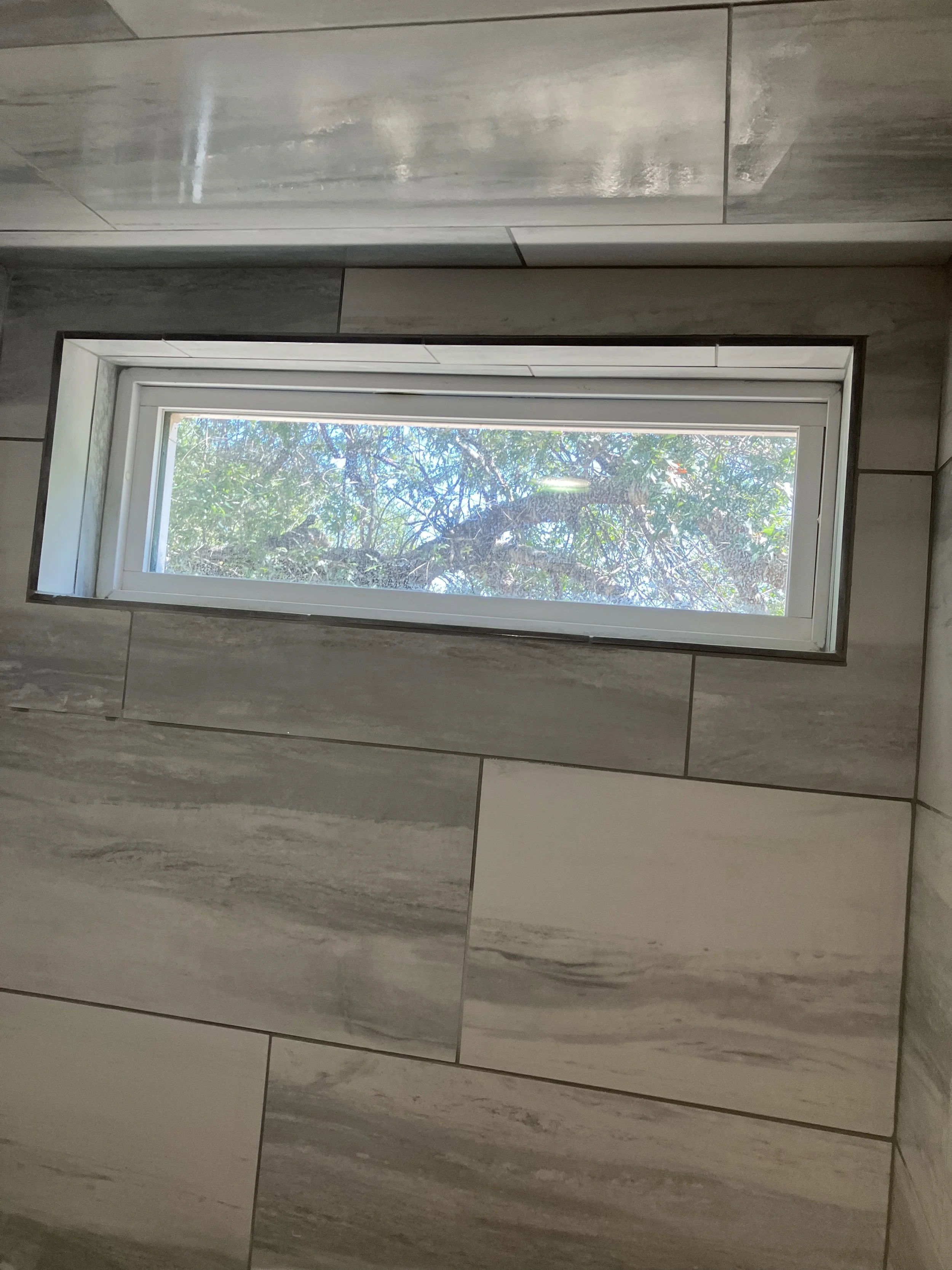 View of a rectangular window on a tiled wall, showing branches and leaves outside with sunlight.