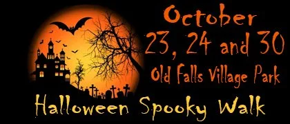 Halloween spooky walk event details at old Falls Village Park on October 23, 24, and 30, with a Halloween-themed illustration of a haunted house, bats, a leafless tree, and a large orange moon in the background.