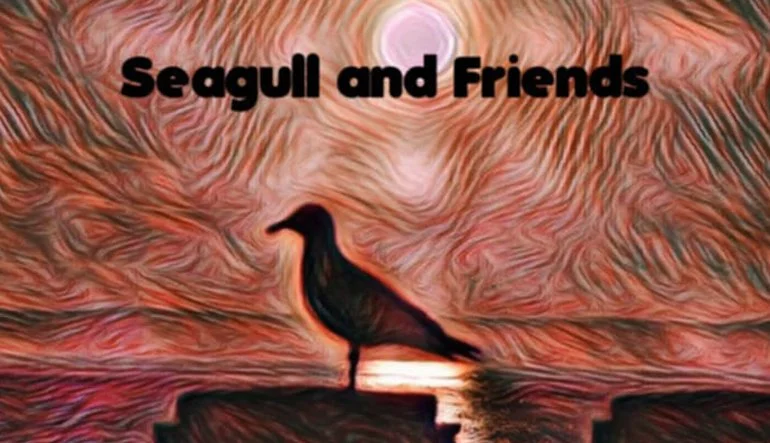 Silhouette of a seagull standing on a rock at sunset with a painted sky in the background, and the text "Seagull and Friends" at the top.