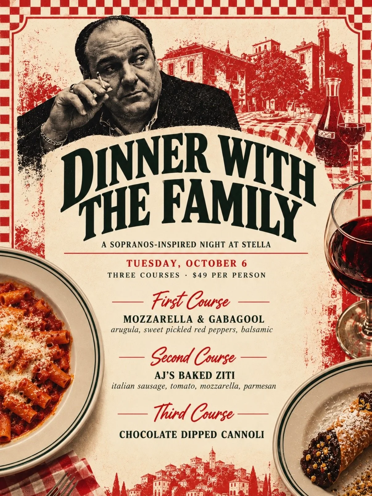 &ldquo;So what, no ziti now?&rdquo; Relax, AJ. We&rsquo;ve got the ziti. 🍝Tuesday night, Stella goes full Italian-American: mozzarella &amp; &ldquo;gabagool&rdquo; with arugula, sweet pickled peppers and balsamic, followed by AJ&rsquo;s baked ziti w