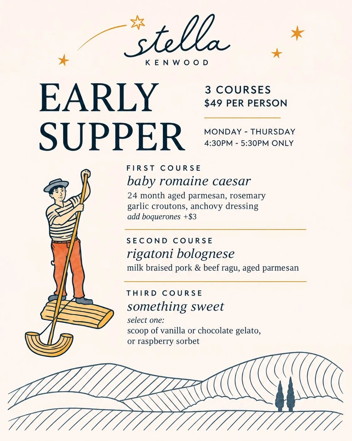 Same early hour. A whole new reason to show up. ✨
We&rsquo;re shaking up our Early Supper Menu at Stella.

Starting Monday, our chefs are taking the reins with a rotating three-course menu that changes every single week. New dishes, seasonal ingredie