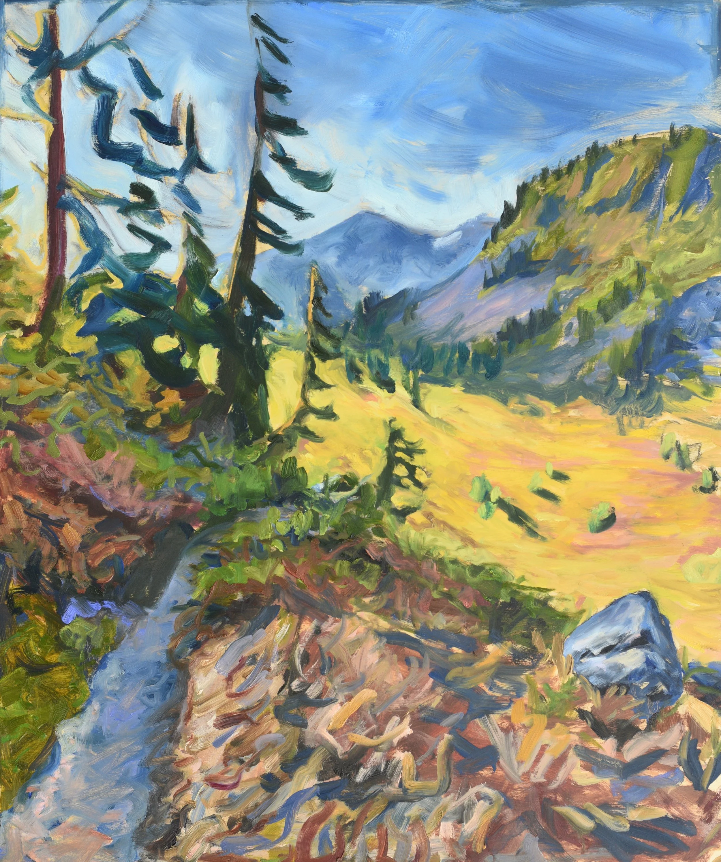 Toward Lake Anne, 2025, oil on wood, 36" x 30"